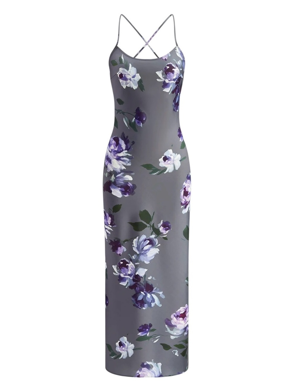 Commense Small Satin Floral Side Slit Maxi Dress Tie Back Gray Purple NWOT